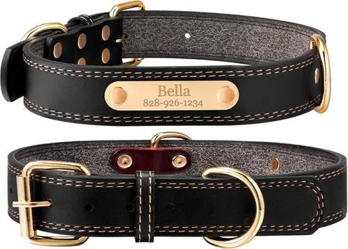 Vista 2 de Collar personalizado para perro, cuero vegano negro suave grabado, tamaño pequeño, mediano o grande con placa de nombre (XS)