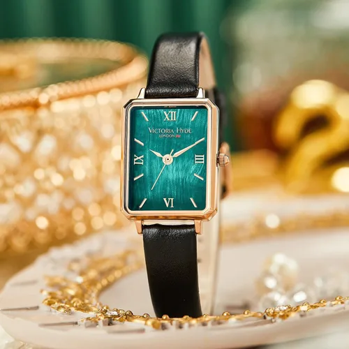 Vista 5 de VICTORIA HYDE Relojes de mujer Verde Madre de Pearl Dial Relojes de pulsera para mujer Correa de cuero genuino Caja rectangular clásica (verde)