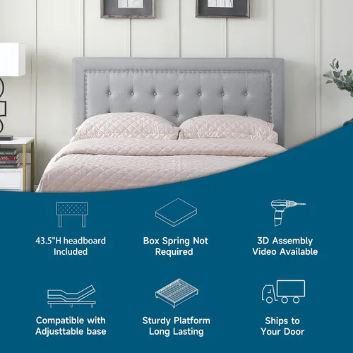 Vista 5 de Base de cama de plataforma tapizada completa con cabecera de 43.5 pulgadas de alto, cama de tela con botones, soporte de listones de madera con Gris