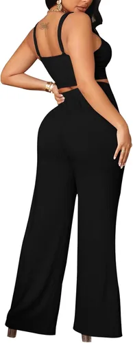 Vista 2 de Trajes casuales de dos piezas para mujer, sexy, de verano, halter, ombliguera, cintura alta, pantalones de pierna ancha, 5655 Negro
