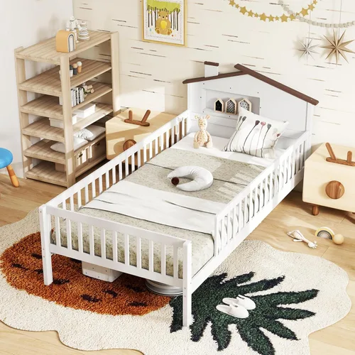 Vista 10 de KOMFOTT Base de cama individual con rieles y cabecera en forma de casa, plataforma de madera maciza con barandillas de seguridad, cubo de Natural