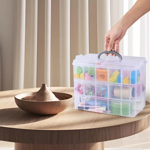 Vista 4 de Caja de almacenamiento apilable de plástico con 30 compartimentos ajustables, 3 niveles, organizadores de manualidades apilables transparentes