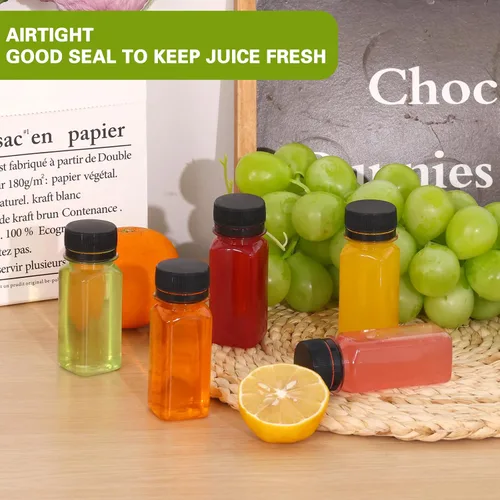 Vista 6 de Moretoes 6 botellas de 120 ml de plástico para jugo con tapas, botellas transparentes vacías reutilizables para shots de jengibre, recipientes