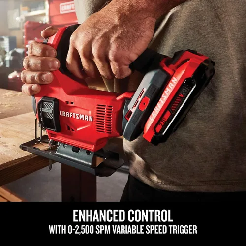 Vista 6 de CRAFTSMAN Kit de sierra caladora inalámbrica V20, 3 ajustes orbitales, hasta 2,500 SPM, batería y cargador incluidos (CMCS600D1)
