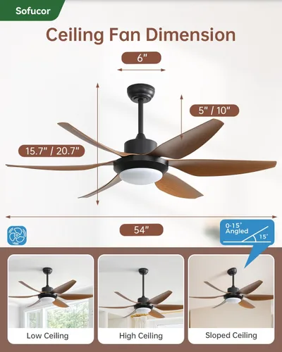 Vista 8 de Sofucor Ventiladores de techo de 54 pulgadas con luces, ventilador de techo para exteriores con control remoto, motor de CC silencioso, ventilador