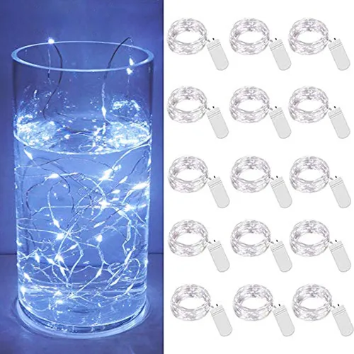 Vista 10 de Paquete de 15 tiras de 30 luces LED micro estrelladas que funcionan con pilas (incluidas), luces de alambre plateado impermeables de hadas