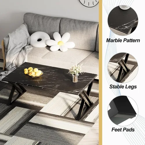 Vista 8 de Wolawu - Mesa de café para sala de estar, mesa central negra, mesa de té rectangular moderna y simple de mármol falso con marco de metal acabado