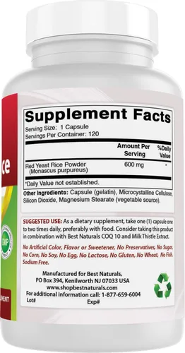 Vista 6 de Best Naturals, Arroz de levadura roja, cápsulas de 600 mg, 120 cápsulas, 2 cápsulas por porción/1200 mg por porción