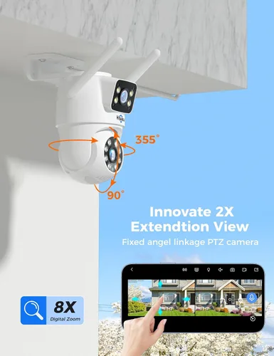 Vista 6 de Hiseeu 2 Pack Cámara de seguridad inalámbrica 5G/2.4G WiFi Cámara PTZ de doble lente para exteriores con seguimiento de movimiento, versión