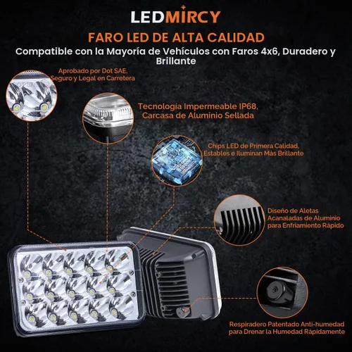 Vista 5 de LEDMIRCY 4x6 luces LED blancas de haz sellado alto/bajo rectangular 4 piezas 45W conjuntos de faros rectangulares para vehículos con H4651 H4656