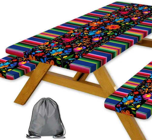 Vista 25 de Funda para Mesa de Picnic con Fundas para Bancos y Bolsa, Campista de Madera Impermeable Resistente al Viento, Cubierta de Mantel Ajustada con Borde