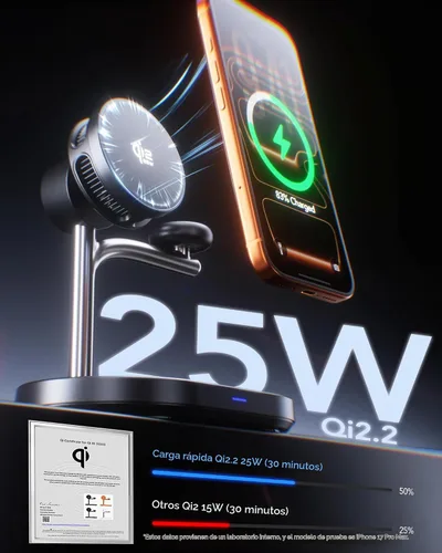 Vista 6 de Qi2.2 25W 3 en 1 Cargador Mag-Safe con estación de carga de enfriamiento Cargador inalámbrico Qi 2 de carga rápida para iPhone 18 Pro-8, Apple Watch