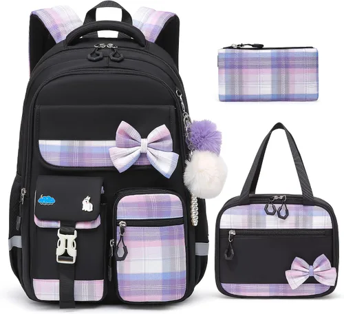 Vista 10 de Alrisg Mochila escolar para niñas, a cuadros, ligera, con lazo, color negro