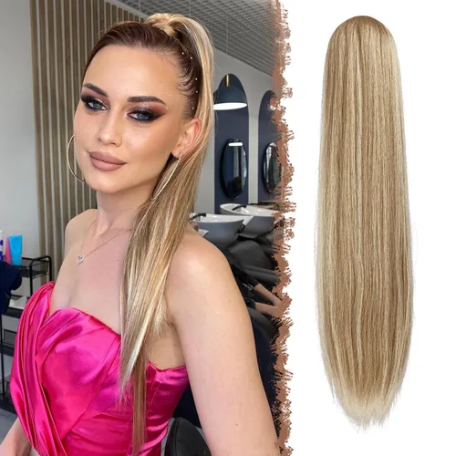 Vista 8 de FESHFEN Extensiones de cola de caballo rectas, colas de caballo largas con cordón, cola de caballo sintética con clip para mujer, color negro