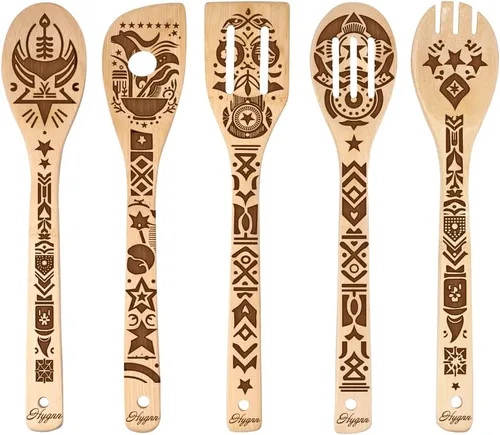 Vista 8 de Beauty and the Beast Juego de cucharas de madera quemadas para cocinar y servir, cuchara de bambú ranurada, utensilios de cocina, idea de regalo
