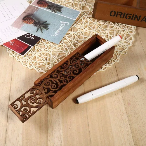 Vista 6 de Joyzan - Caja de madera para bolígrafos, estuche de almacenamiento de lápices de madera, organizador retro Cubierta extraíble Rectangular