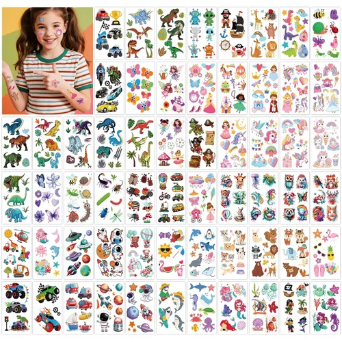 Vista 13 de Tatuajes temporales 3D que brillan en la oscuridad para niños, 117 unicornios, sirena, camión, dinosaurio, caricatura, animales, tatuajes falsos
