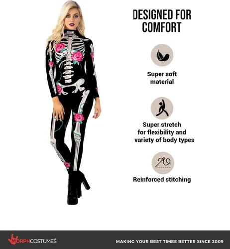 Vista 2 de Morph, Body de esqueleto para mujer, disfraz de esqueleto para mujer, disfraz de esqueleto de Halloween para mujer