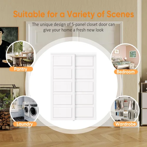 Vista 5 de 5-Panel Closet Doors, 48"(Double 25") x 80" Sliding Door for Bedrooms