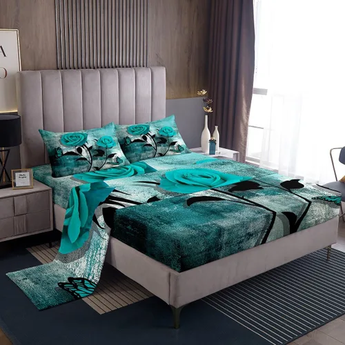 Vista 15 de Erosebridal Juego de sábanas turquesa tamaño individual para niñas y mujeres, juego de sábanas color verde azulado y gris degradado para adultos