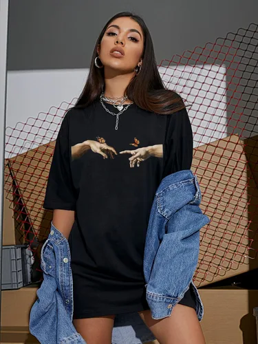 Vista 3 de WDIRARA Vestido de manga larga con cuello redondo y estampado gráfico de gran tamaño para mujer