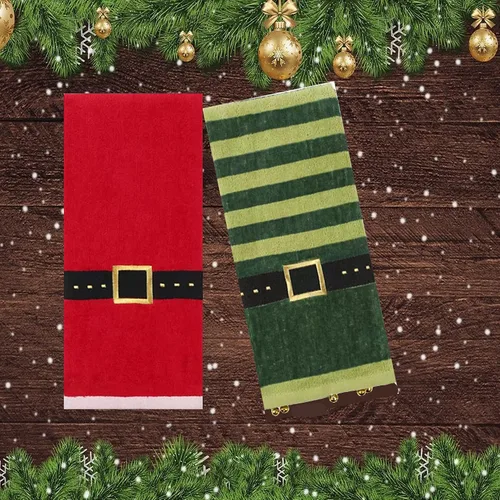 Vista 5 de Toallas de mano de baño, juego de 2, con Papá Noel rojo y elfo verde, diseño decorativo, 25 x 16 pulgadas, decoración de baño para las vacaciones
