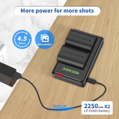 Vista 3 de NEEWER Juego de batería y cargador de repuesto para LP-E6NH, compatible con Canon EOS R7, R5, R6, 5D II, 6D, 7D, 70D, 80D, 90D, 2 baterías de 2250