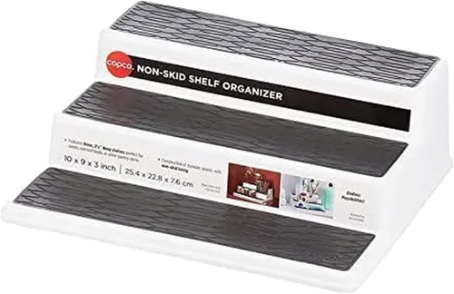 Vista 7 de Copco Organizador de especias antideslizante de 3 niveles para armario de cocina o despensa, estante escalonado de 15 pulgadas, blanco/gris, diseño