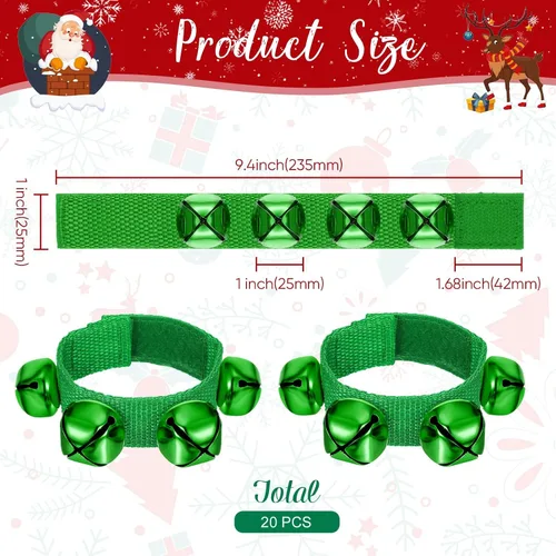 Vista 2 de LEIFIDE 20 pulseras de Navidad con campanas para muñeca, instrumentos musicales agitados, pulsera de ritmo ajustable, para escuela, familia Verde