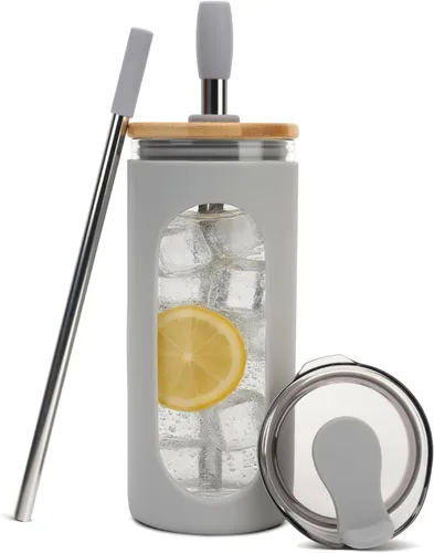 Vista 12 de Sursip - Vaso de vidrio de 20 oz con tapas y popotes, taza de café helado reutilizable de vidrio de borosilicato con tapa de bambú para batido, jugo