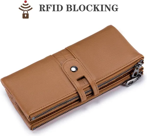 Vista 5 de Cartera para mujer, de gran capacidad, de piel auténtica, plegable, con bloqueo RFID, tarjetero con bolsillo con cremallera
