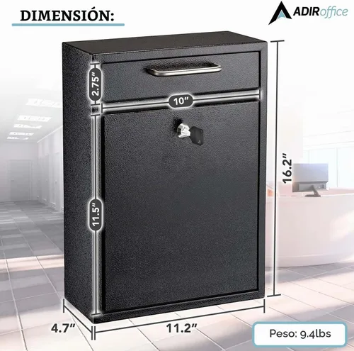 Vista 5 de AdirOffice contenedor con traba - Buzón de correo montado en pared., negro, 631-04-BLK