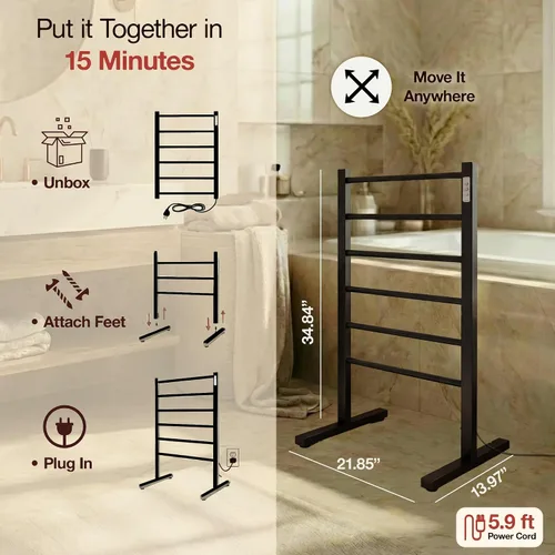 Vista 7 de Ibiza Freestanding Towel Warmer, Black, Plug-in, 6 Bars