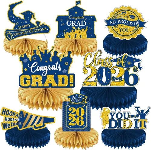 Vista 9 de Decoraciones de fiesta de graduación 2026 – 8 piezas de decoración de fiesta de graduación negro dorado clase de 2026, centros de mesa de panal