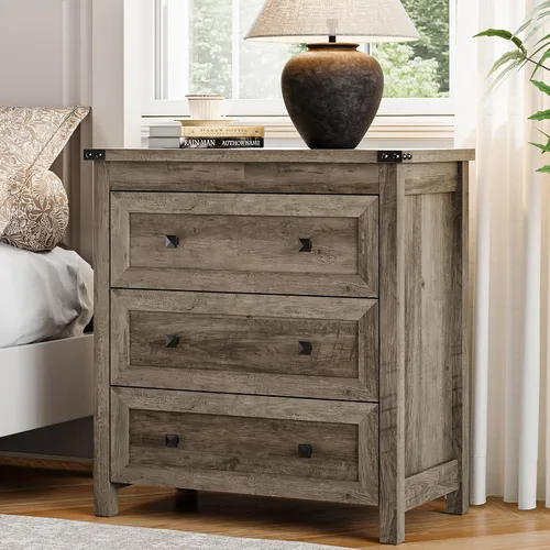 Vista 8 de Cómoda para dormitorio con 3 cajones, cajones pequeños de 27.55" de ancho, cómoda de madera estilo granja, mesita de noche, gabinete de cabecera