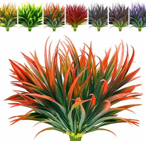 Vista 26 de 8 piezas de plantas falsas para exteriores, resistentes a los rayos UV, plantas de césped alto artificiales, flores tropicales, arbustos, decoración