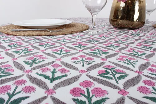 Vista 183 de Ridhi Mantel redondo estampado a mano color rosa flamenco 110 pulgadas 100%
