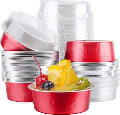 Vista 10 de EUSOAR Ramequines desechables con tapas, 50 unidades de papel de aluminio para hornear, moldes de 5.1 fl oz para cupcakes para tartas, quiche Lluvia