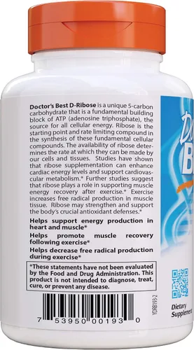 Vista 3 de Doctor's Best Suplemento D Ribosa para hombres y mujeres - Cápsulas de D-Ribosa, apoya la producción de energía ATP, 4250 mg por porción de 5