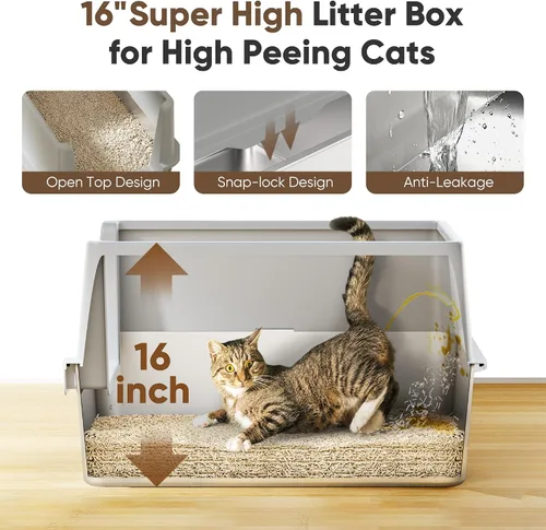 Vista 3 de Caja de arena de acero inoxidable de 16 pulgadas de alto con tapa, caja de arena de metal cerrada XL XXL extra grande para gatos grandes y gatitos
