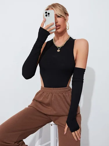 Vista 4 de WDIRARA Body sexy con cuello redondo para mujer sin mangas con agujeros para los pulgares