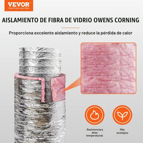 Vista 2 de VEVOR - Conducto flexible aislado de 4 pulgadas R-6.0, 25 pies de largo con 2 abrazaderas para conductos, manguera de conducto de aire de protección