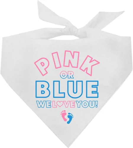 Vista 9 de Bandana para perro con texto en inglés «We Love You» rosa o azul, triángulo ajustable 100% algodón, fabricada en Estados Unidos, para sesión