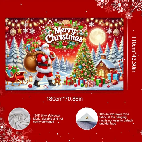 Vista 3 de HOMETITUTE Cartel de Navidad de 71 x 43 pulgadas, telón de fondo rojo de Papá Noel con árbol de regalo, decoración de nieve en trineo