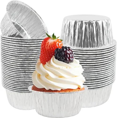 Vista 8 de 150 tazas de papel de aluminio para hornear de 3 onzas, forros desechables de aluminio para cupcakes, papel de aluminio, moldes de papel plateado
