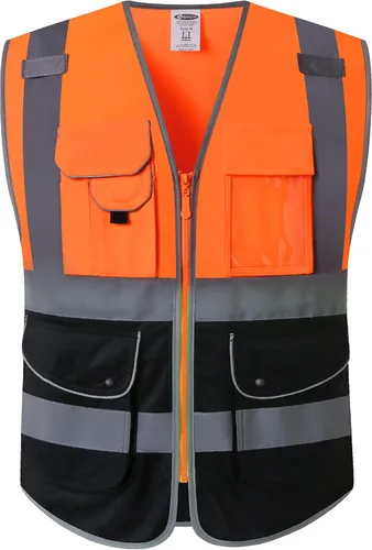 Vista 44 de JKSafety Chaleco de seguridad frontal con cremallera de alta visibilidad Clase 2 de 9 bolsillos con tiras reflectantes, cumple con las normas