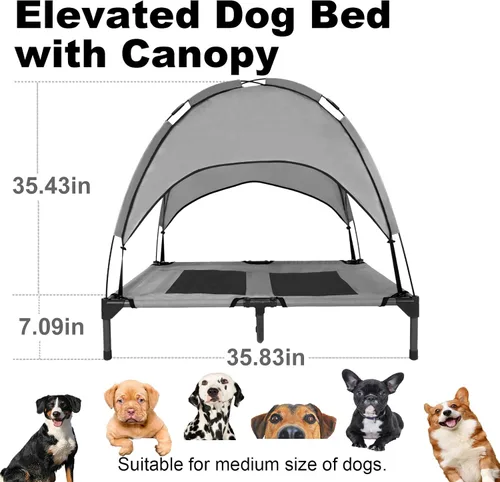 Vista 3 de Cama elevada para perros de 35 pulgadas con toldo extraíble, tamaño mediano, color gris Impermeable, transpirable, para camping, playa, patio