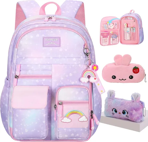 Vista 10 de Jcobvig Mochila de arcoíris para niñas y niños, linda mochila escolar para estudiantes con bolsa para bolígrafos, bolsa de viaje para portátil