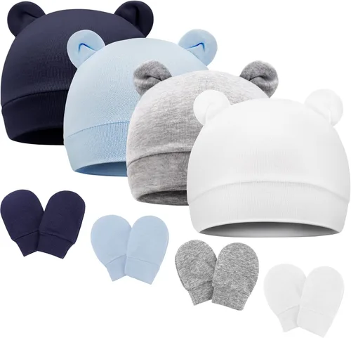Vista 20 de DRESHOW Gorro de recién nacido con orejas de oso y manoplas, conjuntos de gorro de algodón para prematuros, gorro de bebé para niño y niña, gorro