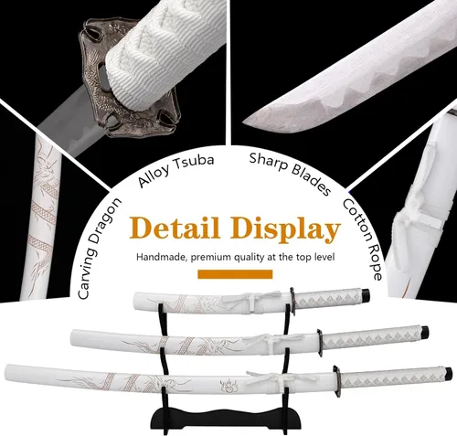 Vista 2 de 3-Piece Set Katana Carbon Steel Blade Japanese Samurai Sword Real,Iaido Samurai Sword Display Decoration Gift Blanco